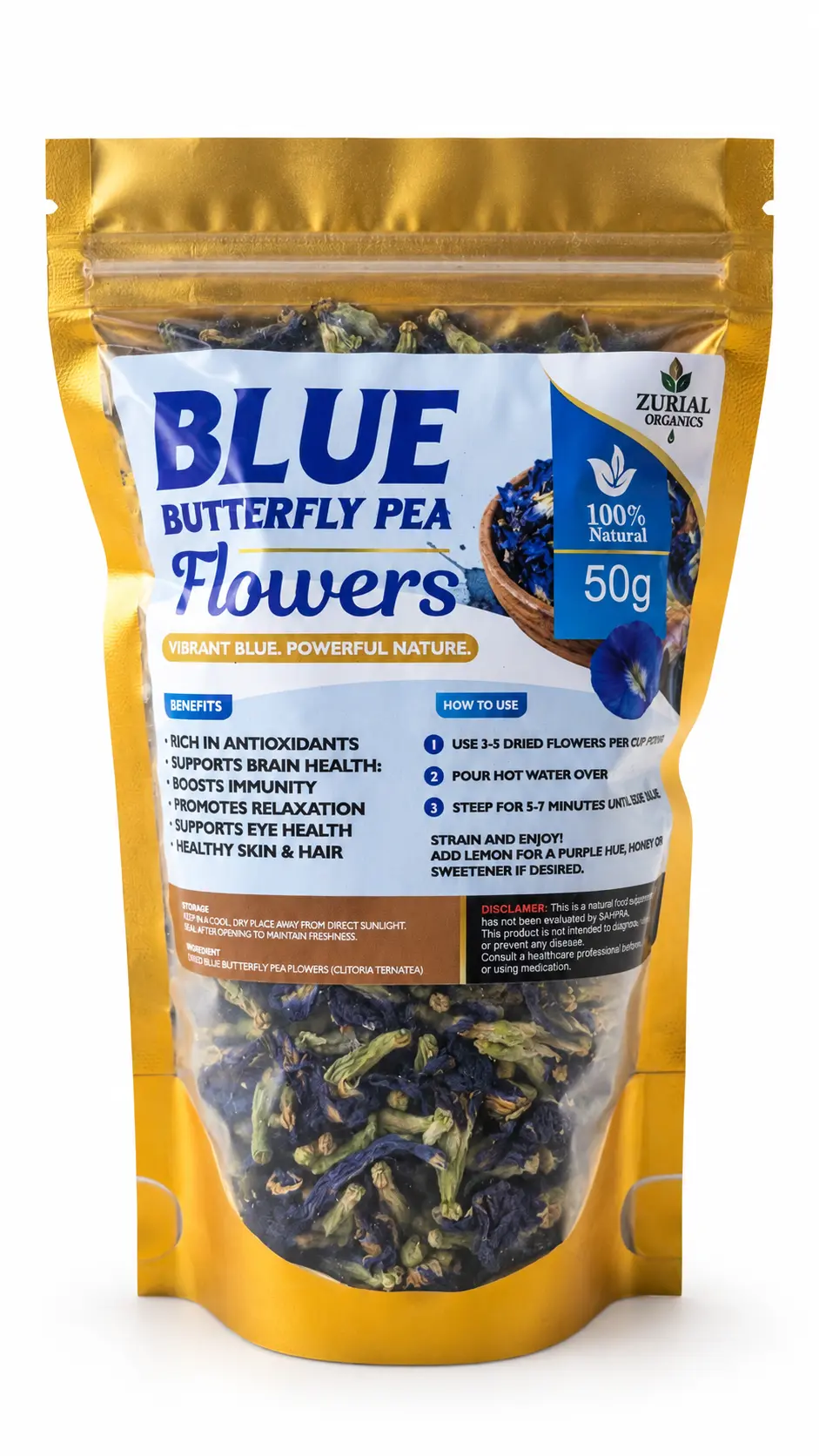 Blue Butterfly Pea Flowers 50g resealable gold pouch with how to use directions on the label