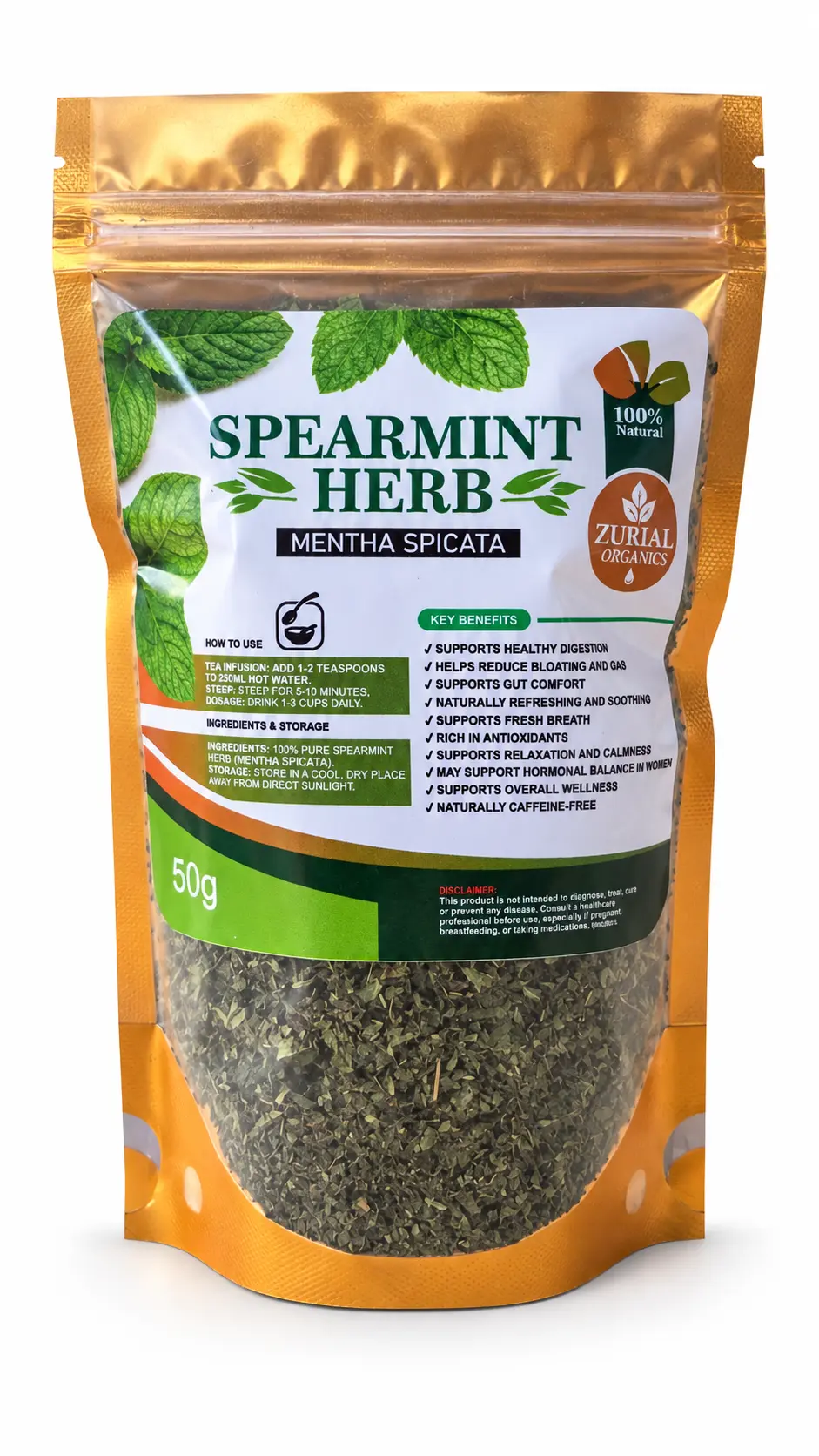 Spearmint Herb 50g resealable gold pouch with directions for use on the label