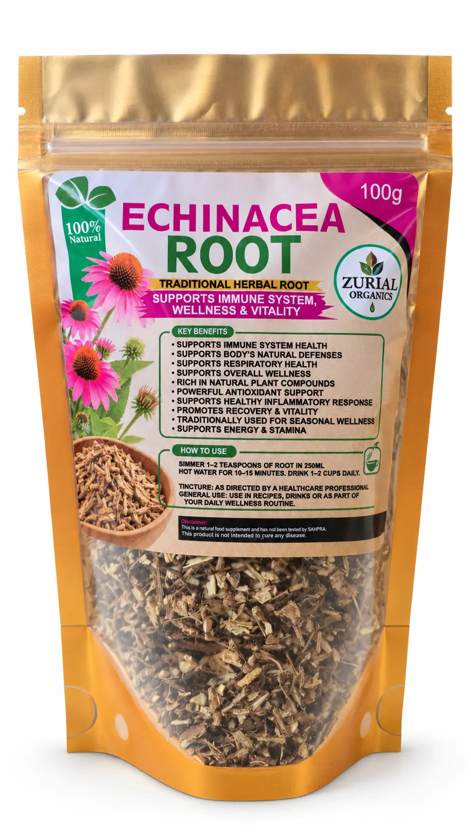 Echinacea Root 100g resealable gold pouch with how to use directions on the label