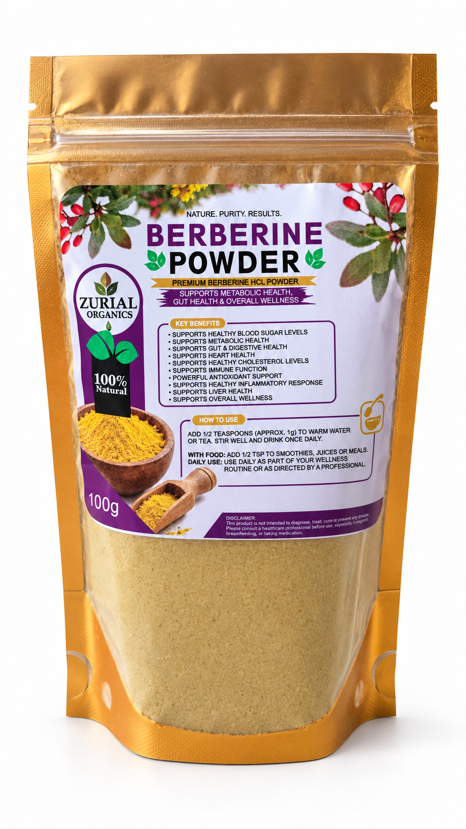 Berberine Powder premium resealable pouch with directions on the label