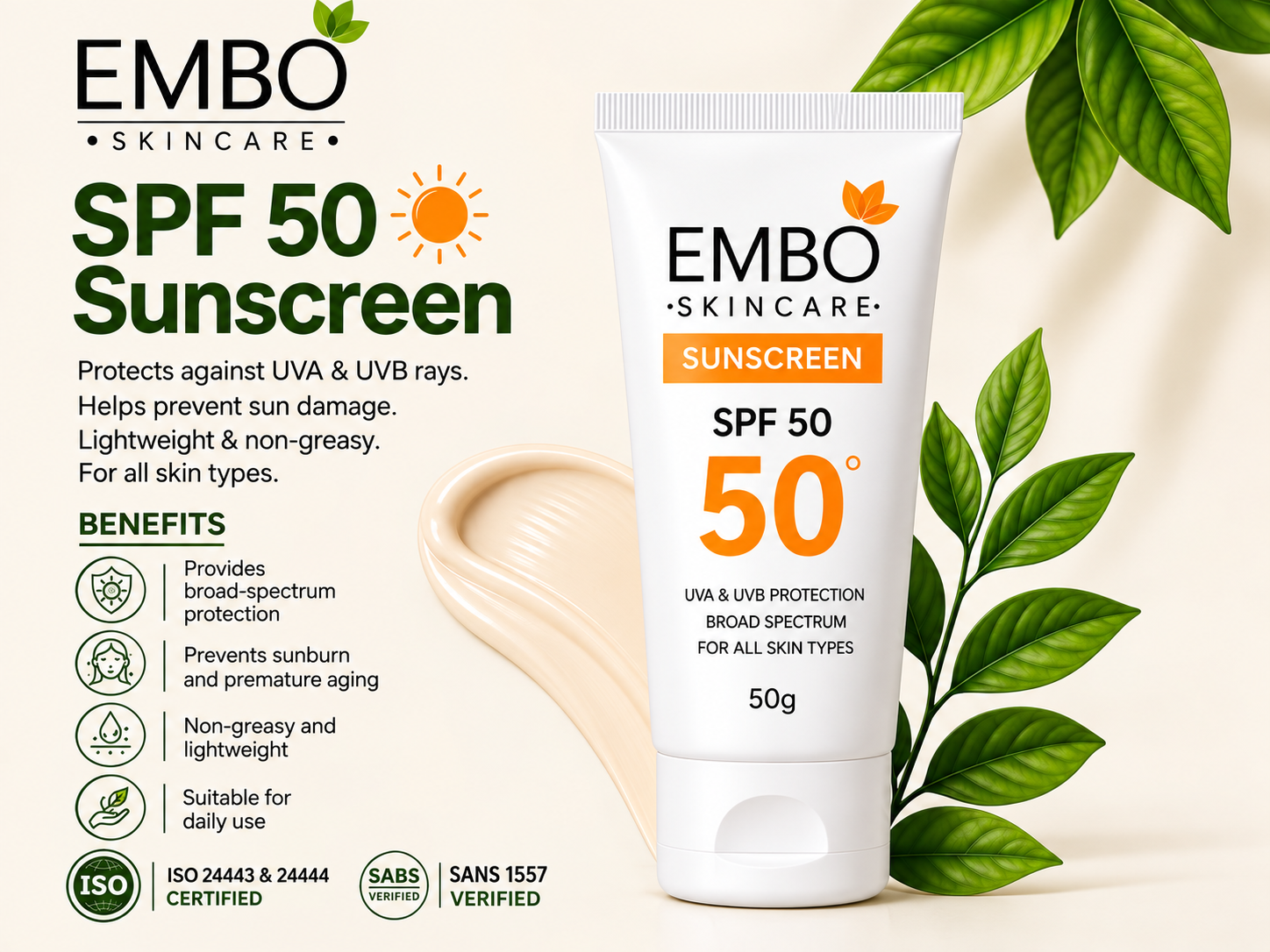 EMBO SPF 50 Sunscreen 50g with original EMBO packaging
