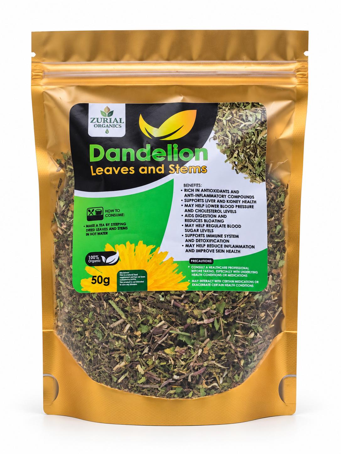 Dandelion leaves and stems 50g resealable gold pouch with directions on the label