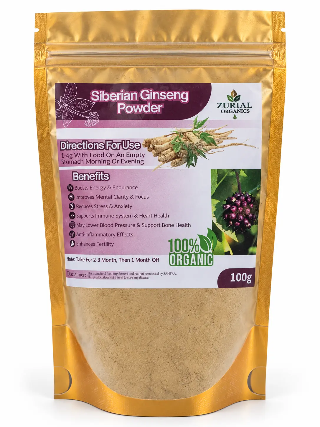 Siberian Ginseng Powder 100g resealable gold pouch with directions for use on the label