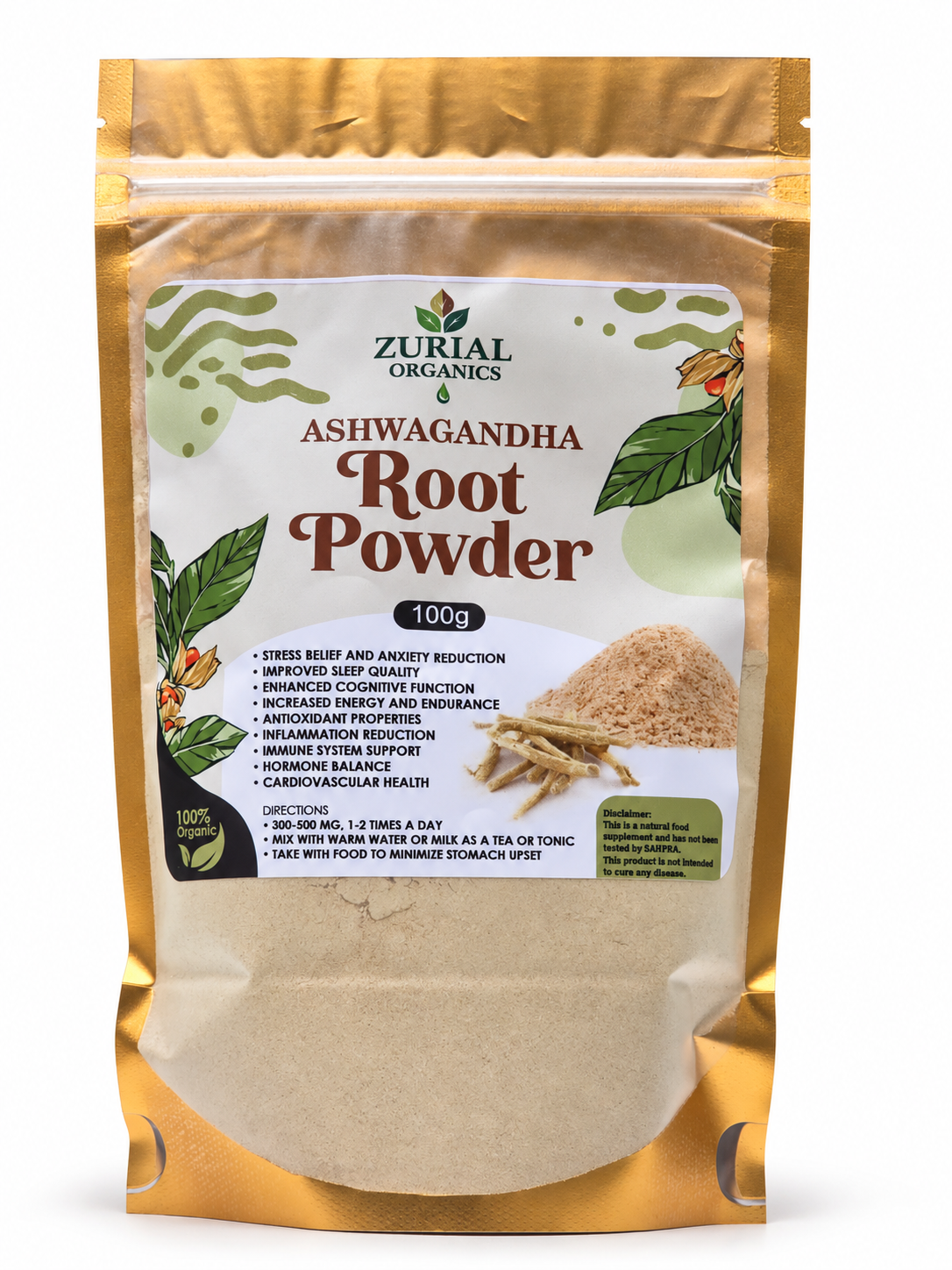 Ashwagandha Root Powder 100g resealable pouch with directions on the label