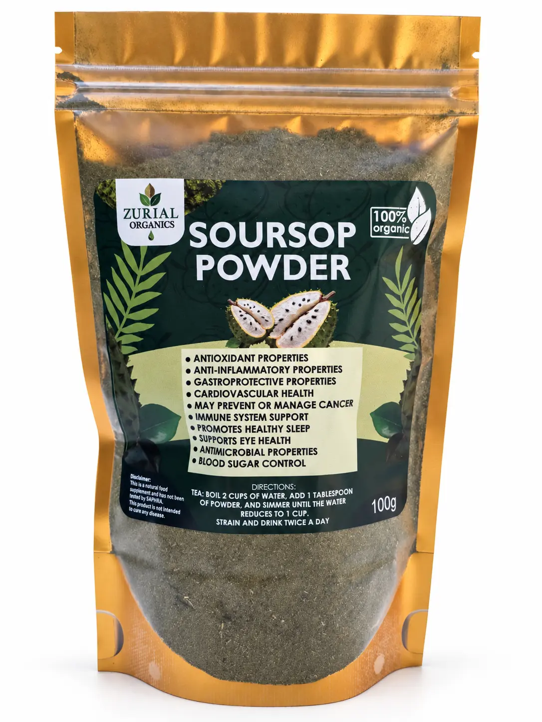 Soursop Powder 100g resealable gold pouch with directions on the label