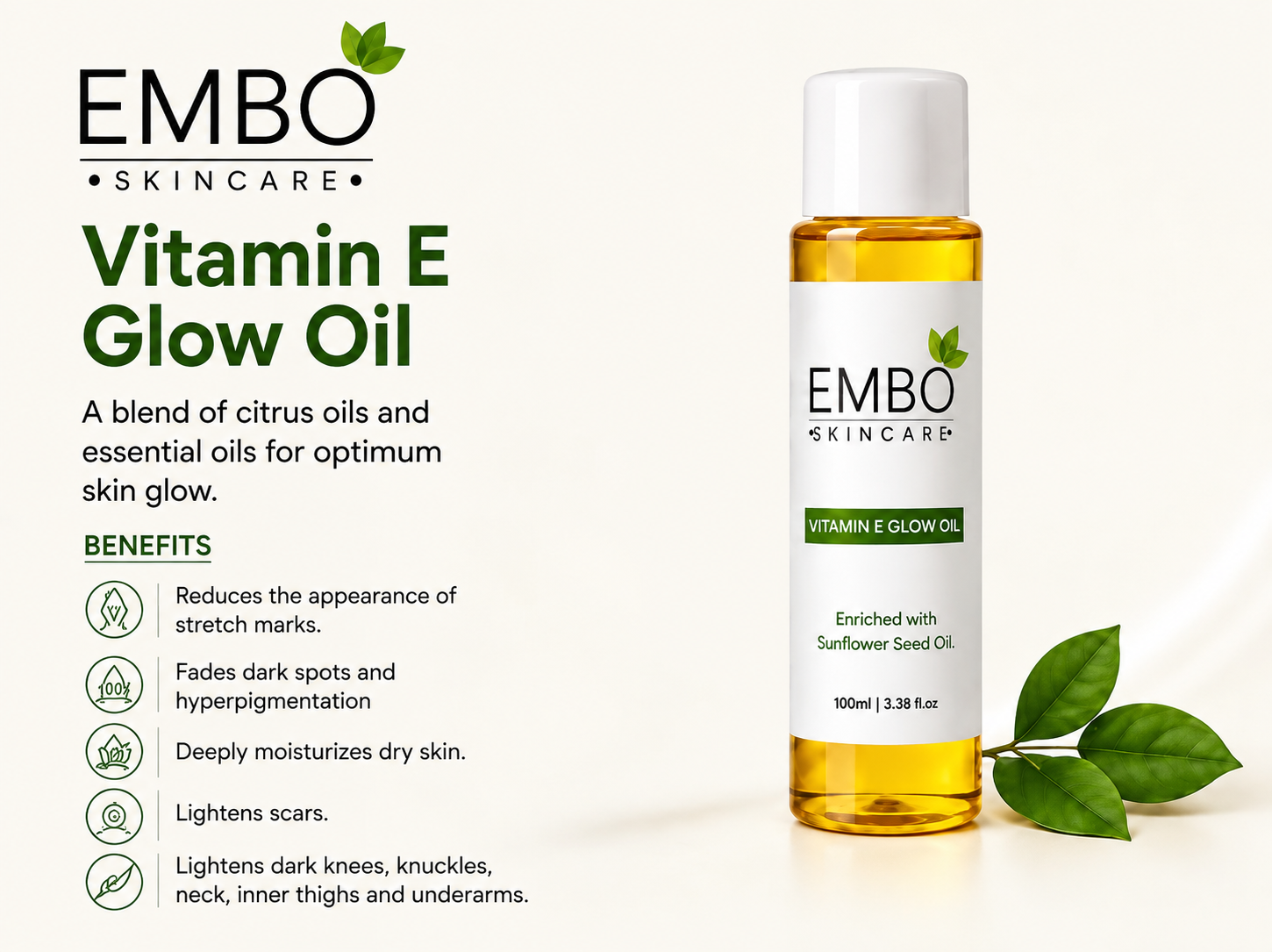 EMBO Vitamin E Glow Oil 50ml with original EMBO packaging