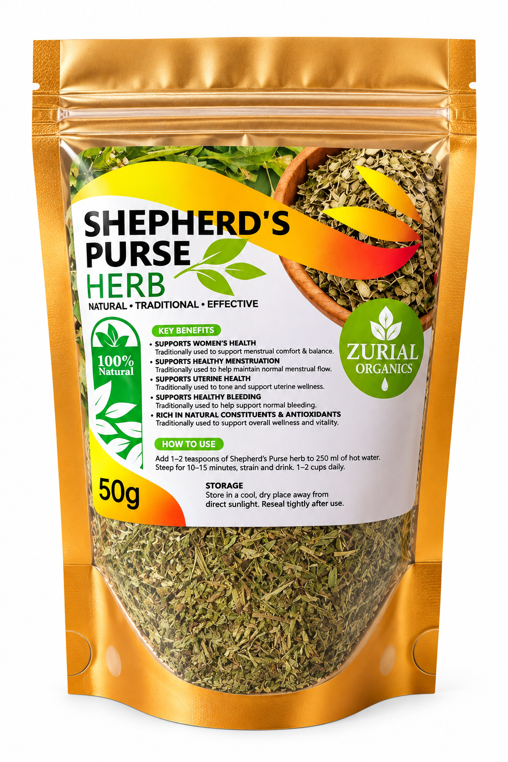 Shepherd's Purse Herb 50g resealable gold pouch with directions for use on the label