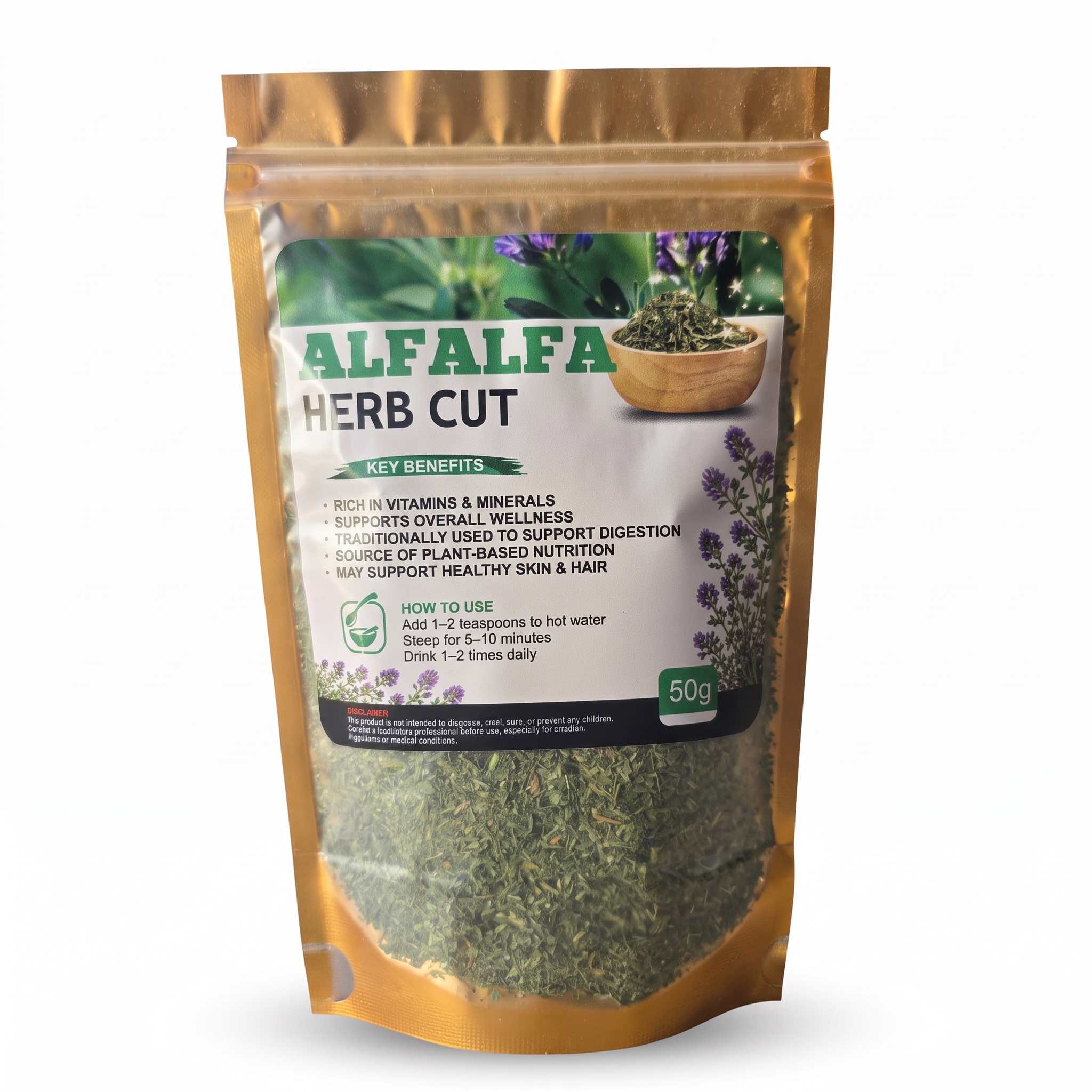 Alfalfa Herb Cut resealable pouch with product label