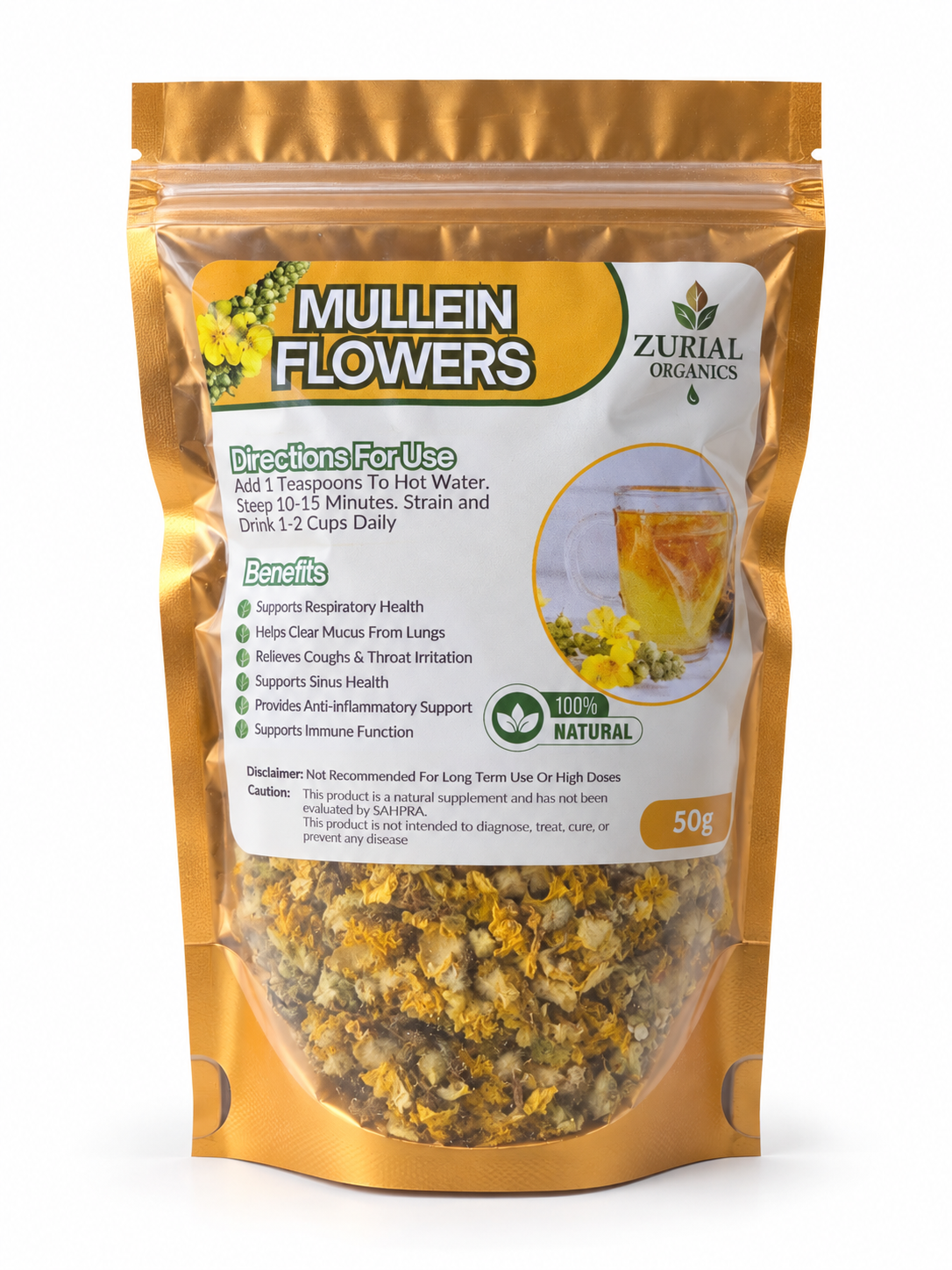 Mullein Flowers resealable pouch with directions for use on the label