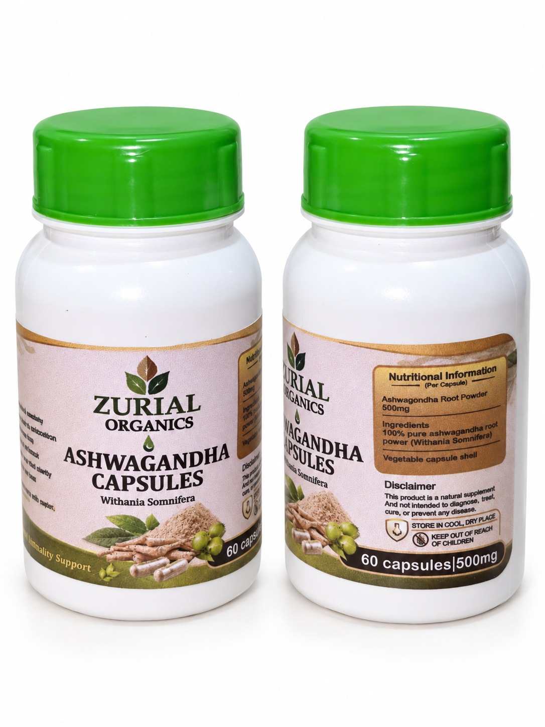 Ashwagandha Capsules 60 capsules 500mg white bottle with green cap