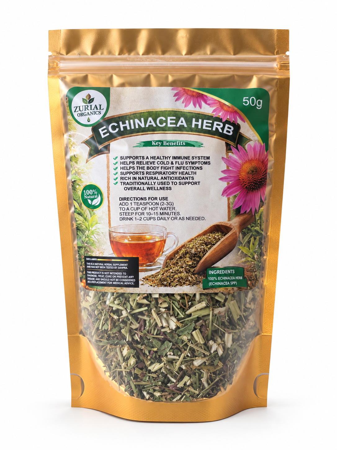 Echinacea Herb 50g resealable gold pouch with directions for use on the label
