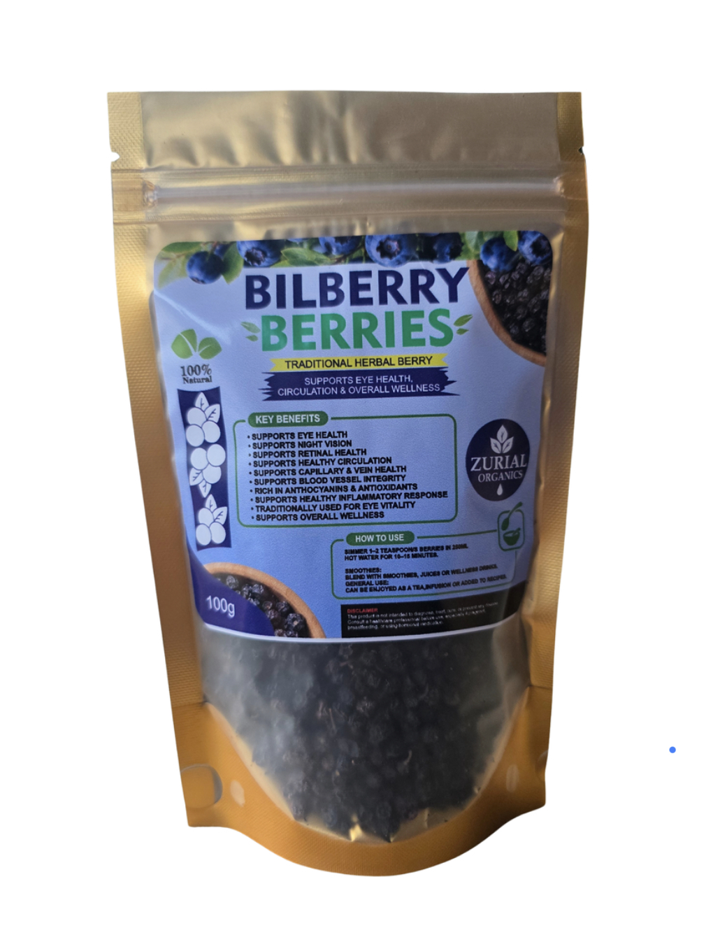 Bilberry Berries 100g resealable gold pouch with how to use directions on the label