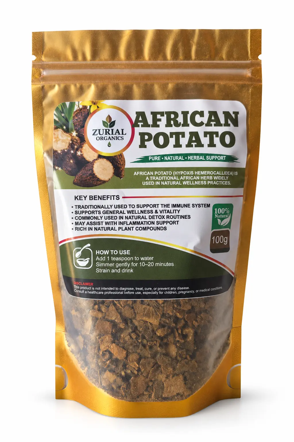 African Potato 100g resealable gold pouch with how to use directions on the label