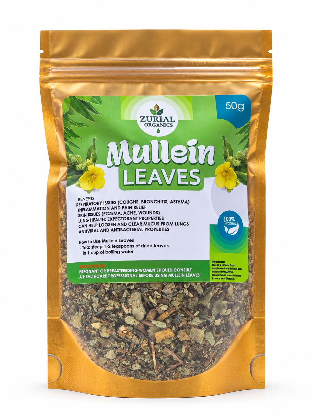Mullein Leaves 50g resealable gold pouch with tea directions on the label
