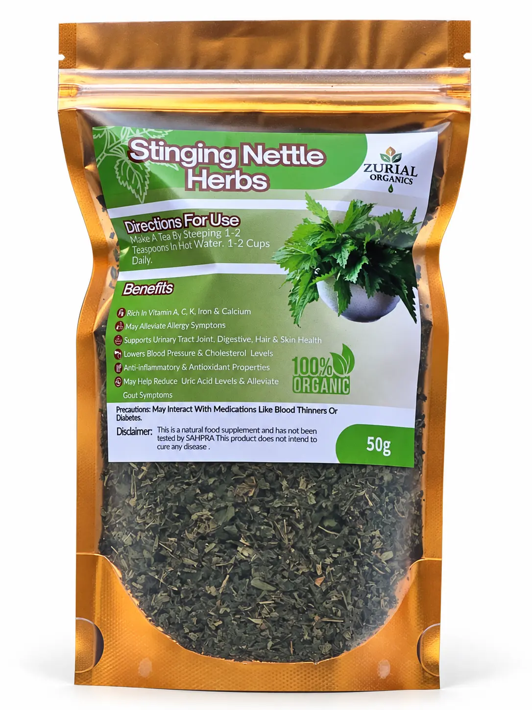 Stinging Nettle Herbs 50g resealable gold pouch with directions for use on the label