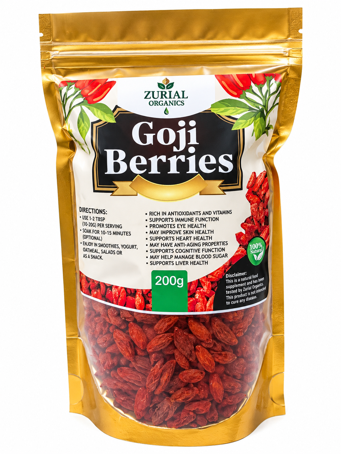 Goji Berries 200g resealable gold pouch with directions and information on the label