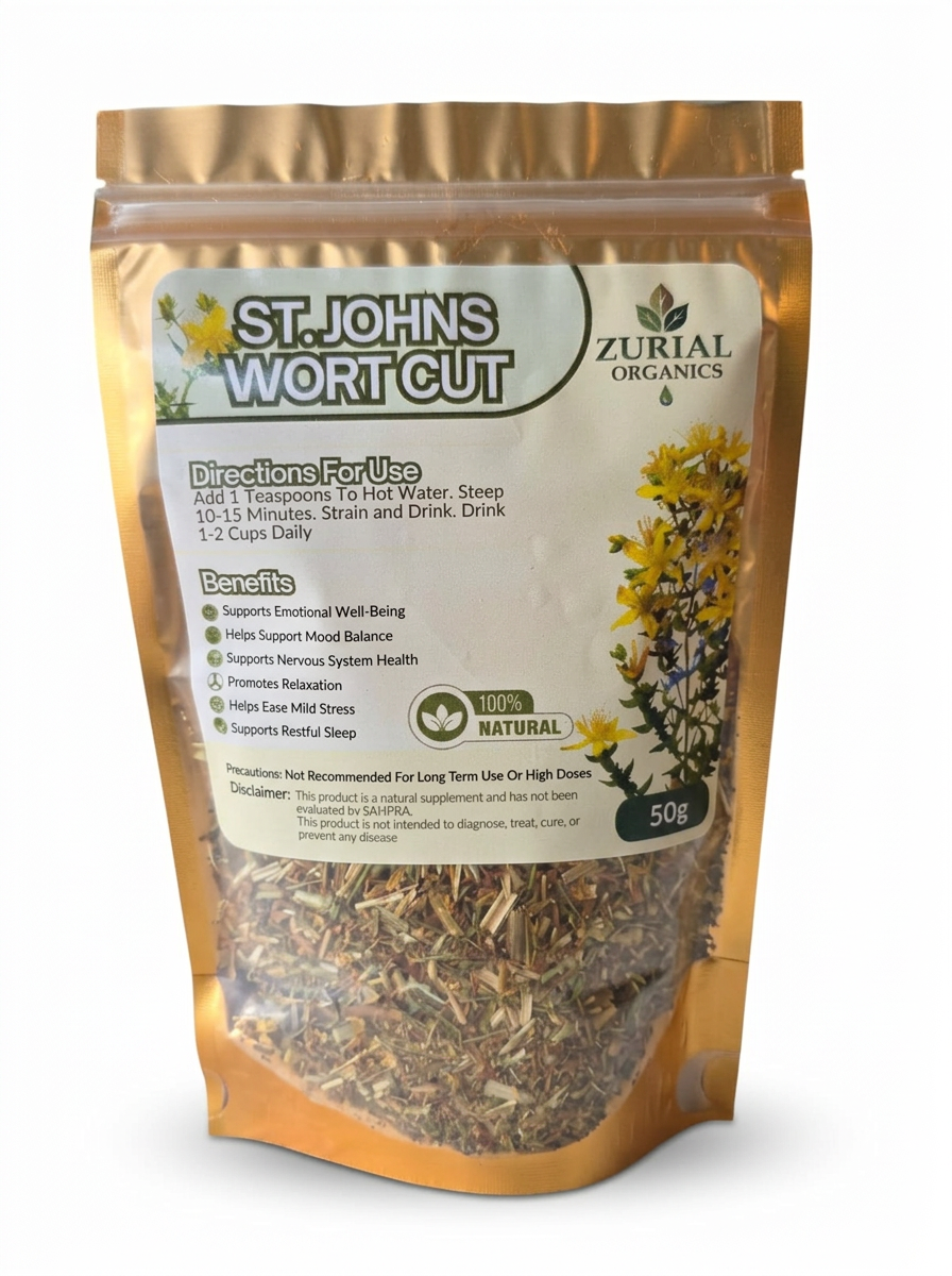 St. John's Wort Cut resealable pouch with product label