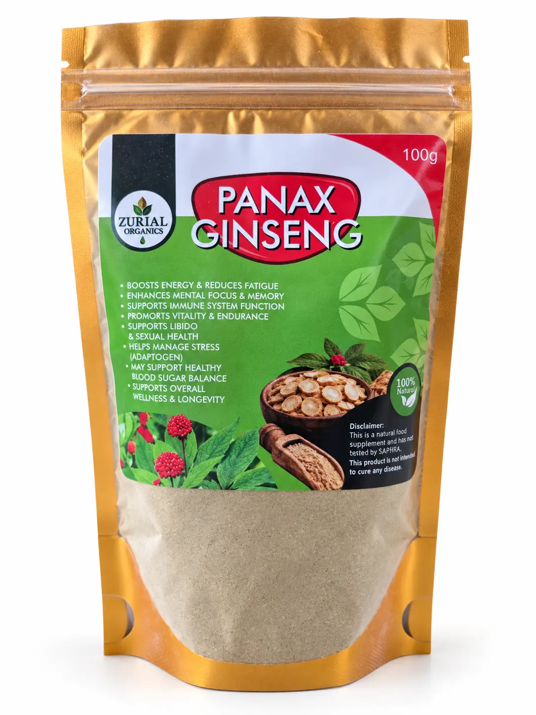 Panax Ginseng 100g resealable gold pouch with directions on the label