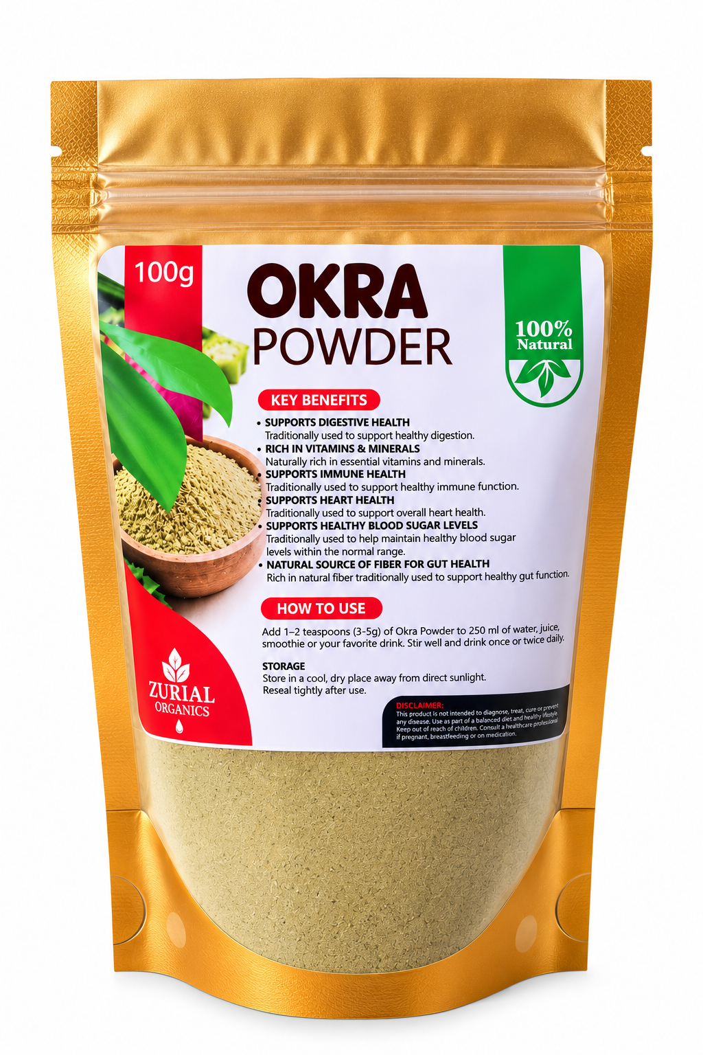 Okra Powder 100g resealable gold pouch with directions for use on the label