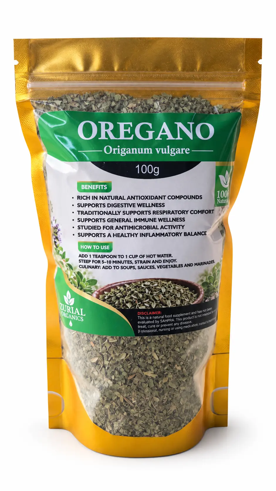 Oregano 100g resealable gold pouch with directions for use on the label