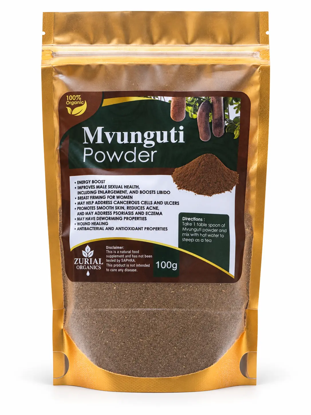 Mvunguti Powder 100g resealable gold pouch with directions on the label