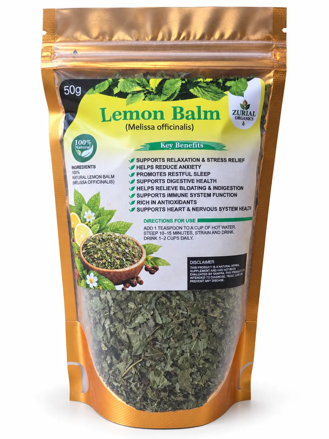 Lemon Balm 50g resealable gold pouch with directions for use on the label