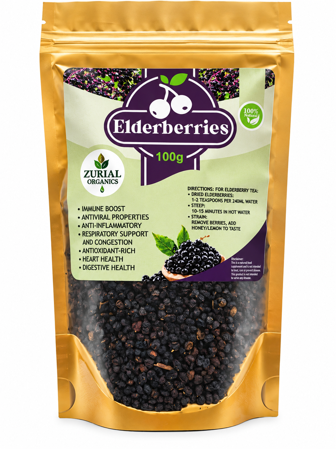 Elderberries 100g resealable gold pouch with tea directions printed on the label