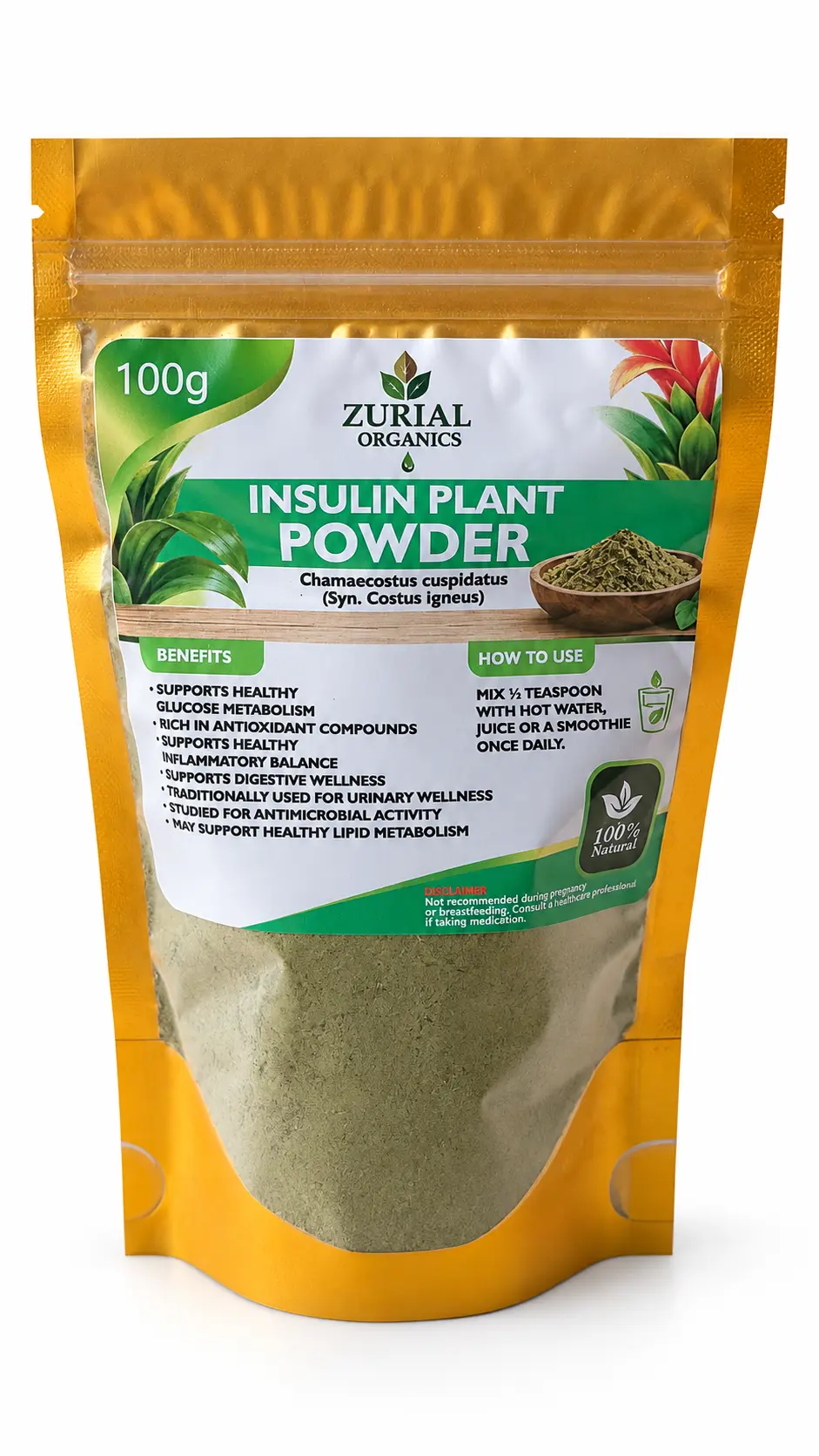 Insulin Plant Powder 100g resealable gold pouch with how to use directions on the label
