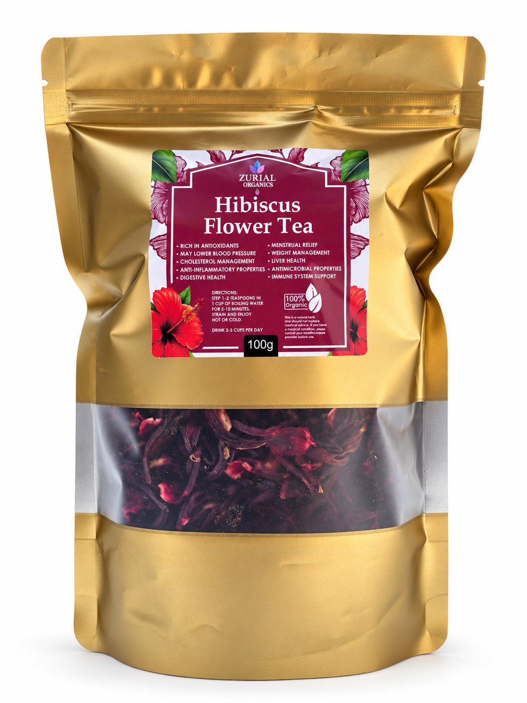 Hibiscus Flower Tea 100g resealable gold pouch with a window showing dried hibiscus flowers