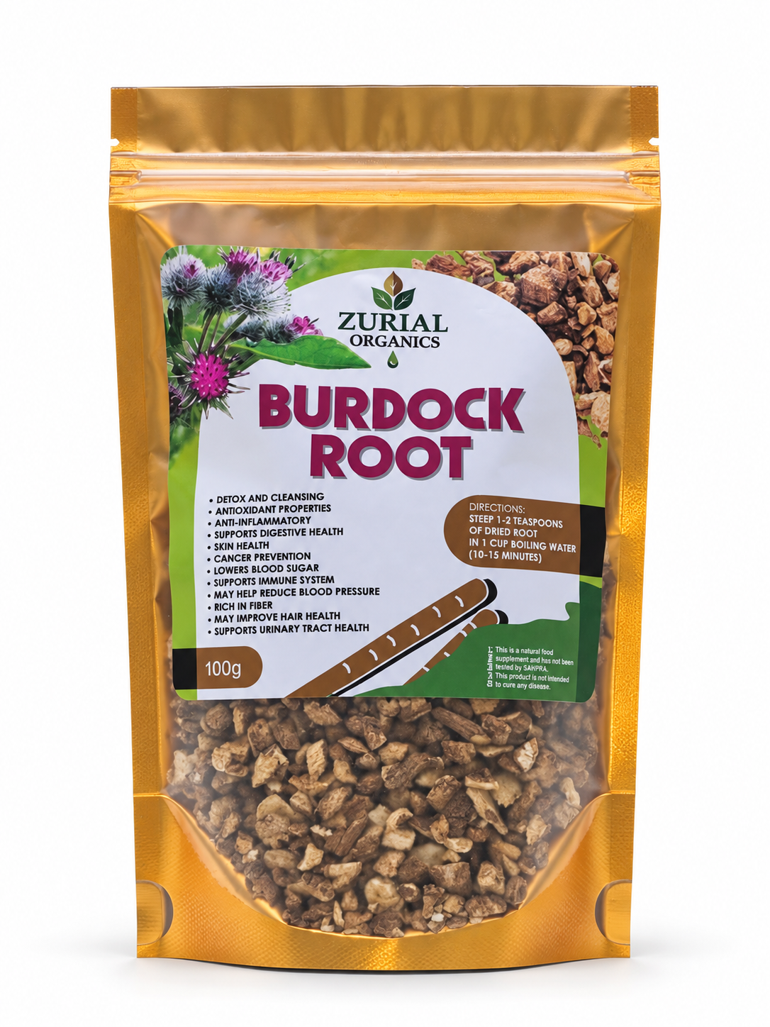Burdock Root 100g resealable gold pouch with steeping directions on the label