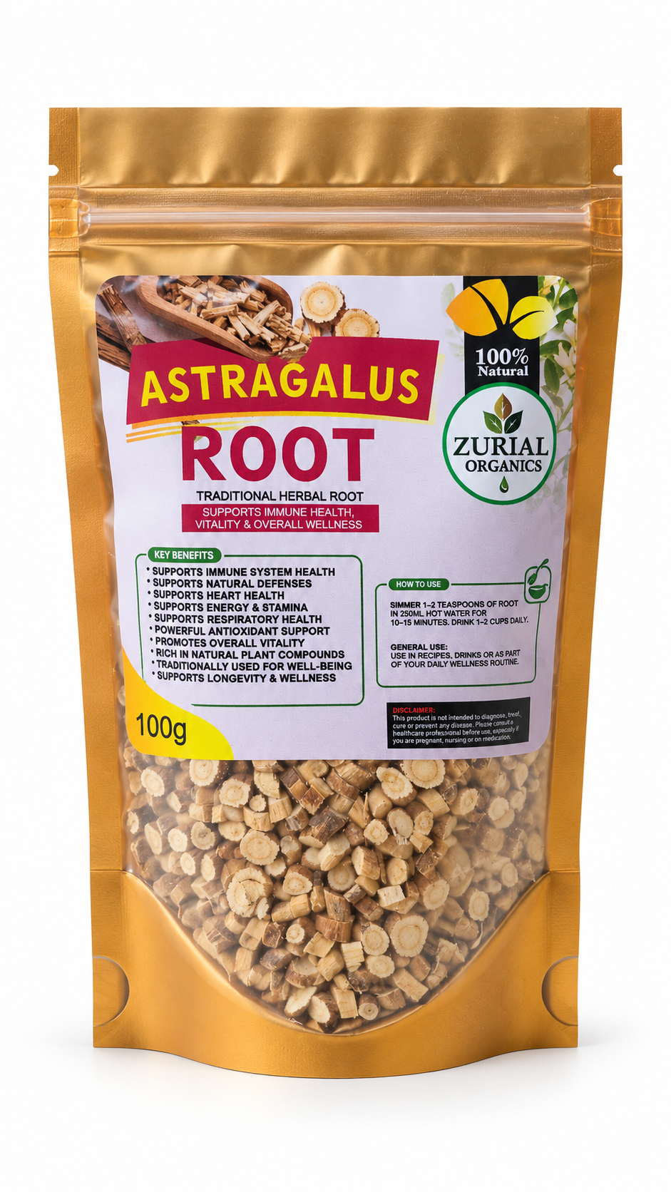 Astragalus Root 100g resealable gold pouch with how to use directions on the label