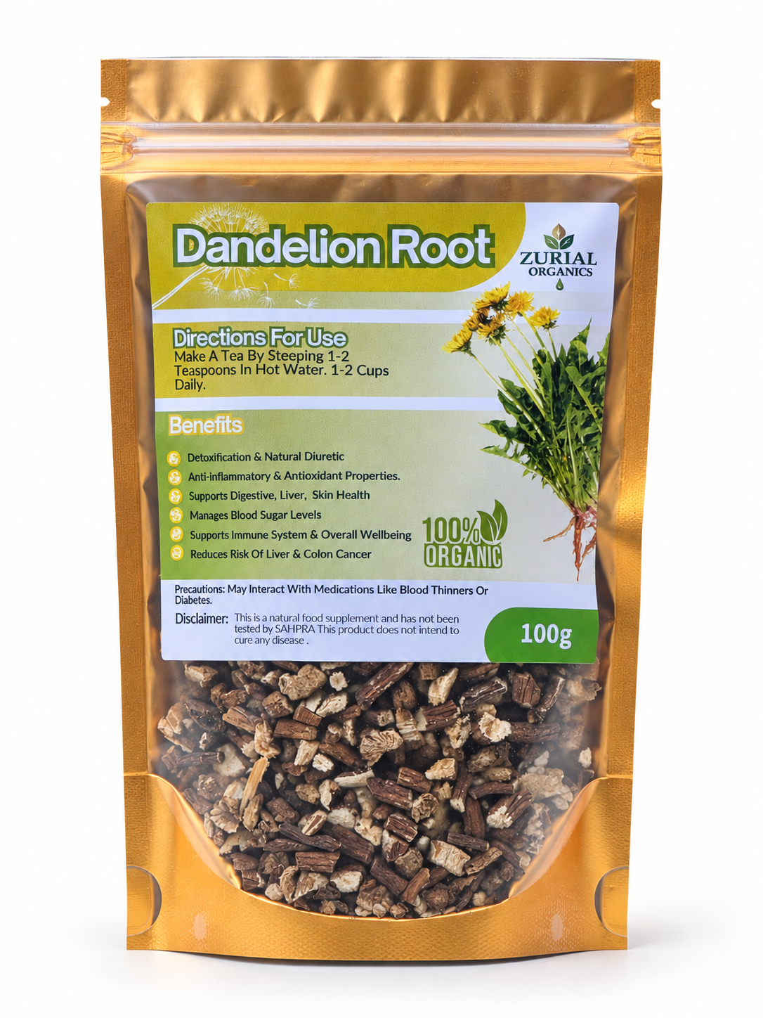 Dandelion Root 100g resealable gold pouch with directions for use on the label