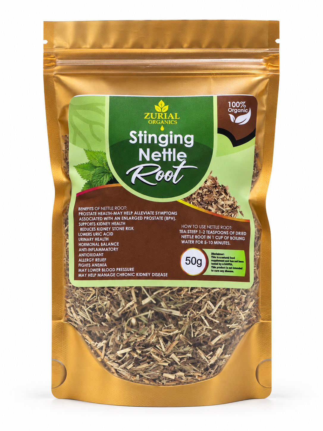 Stinging Nettle Root 50g resealable gold pouch with tea directions on the label