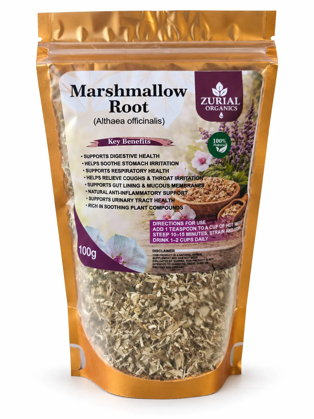Marshmallow Root 100g resealable gold pouch with directions for use on the label